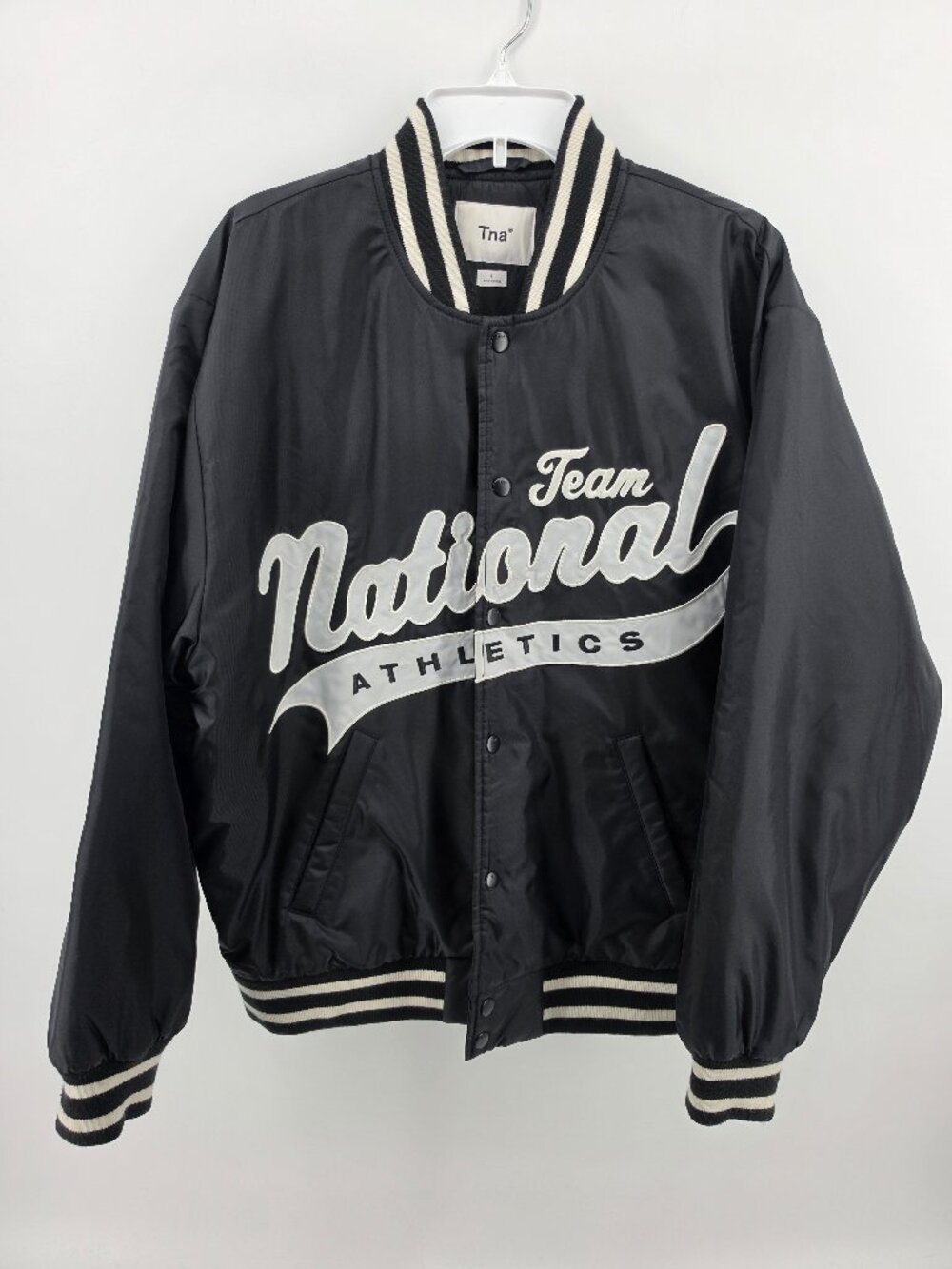 TNA Aritzia Team National Athletics Varsity Bomber Jacket Black White L